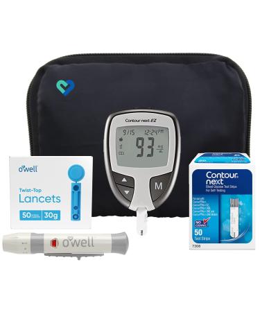O Well Contour Next EZ Diabetes Testing Kit Contour Next EZ Blood Glucose Meter 50 Contour Next Blood Glucose Test Strips 50 O'WELL Lancets O'WELL Lancing Device LogBook and Carry Case