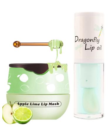 2Pcs Apple Lime Lip Balm Honey Pot Lip Mask & Lip Glowy Oil Lip Care Set Propolis Moisturize & Nourish Lip Gloss Repair Reduce Lip Line & Protect & Plump Dry Cracked Lip Scrub Exfoliator -Set D