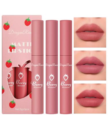 3 Colours Nude Matte Lipstick Set Velvet Lip Glaze Long Lasting Waterproof Makeup Gift Set 24 Hour Smooth Crayon Lipstick Lip Stain Lipstick for Women(SET C)