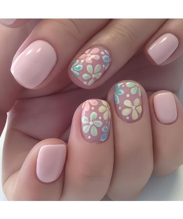 Pink Press On Nails Short Square Fake Nails Acrylic Nails Full Cover False Nails With Flower Designs Artificial Nails Press Ons Glossy Glue On Nails Short Stick On Nails For Women 24Pcs style1