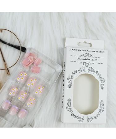 Purple French Tips Press-On Nails with White Floral Design - 24Pcs | Short Square Acrylic False Nails for Women and Girls - Buy Online on GoSupps.com