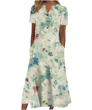 Gufesf Women's Floral Summer Casual Midi Dress | Short Sleeve Flowy Beach Party Sundress ATQZ-H-K Small - Buy Online on GoSupps.com