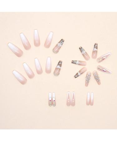 Justotry 24-Piece Coffin 3D Nails Set - White French Press-On Nails with Snake Design Ballerina Artificial Nails Diamond Fingernails for Women - International Shipping Available - Buy Online on GoSupps.com
