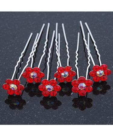 Bridal/Wedding/Prom/Party Set Of 6 Red Austrian Crystal Daisy Flower Hair Pins In Silver Tone - Buy Online on GoSupps.com