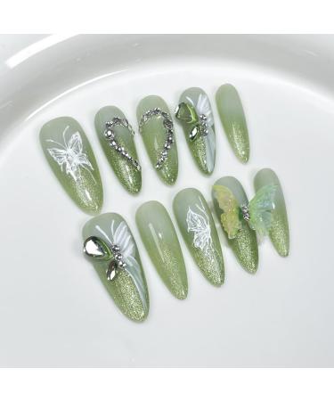 10Pc Blush Powder Almond False Nails Relief Hand drawn Bow Star Design Press on Nails Handmade Full Cover False Nail Tips(Color:9 Size:S)