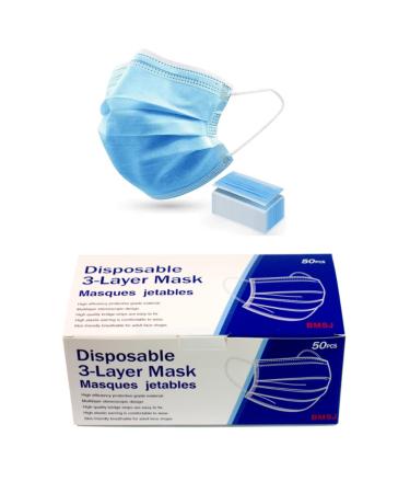 50 Pcs Disposable Adult Face Mask 3 PLY Layer Protective Face Masks Blue
