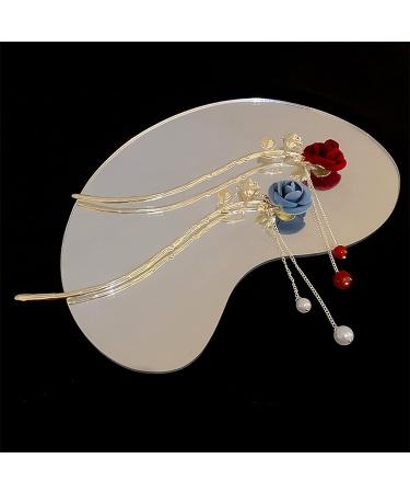 Chinese Style Rose Flower Hair Clip with Metal Leaves and Pearl Tassel - Red - Buy Online on GoSupps.com