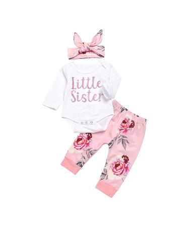 ChYoung Baby Girl Clothes Set Newborn Outfit Little Sister Romper Top and Rose Printed Pant and Headband 3 Pieces 0-3 Months Pink