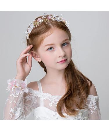 Wedding Flower Headpieces Set for Girls - Rhinestone Headband & Wrist Corsage | Pearl Flower Crown & Crystal Tiara for Flower Girls - Buy Online on GoSupps.com