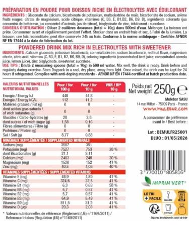 MULEBAR - Powdered Hydration Drink - Red Fruits - Anti-Fatigue - Antioxidant - 8 Vitamins - 5 Minerals - Electrolytes - Very Low Sugar Taste - Easy to Digest - Made in France - 250gr - Buy Online on GoSupps.com