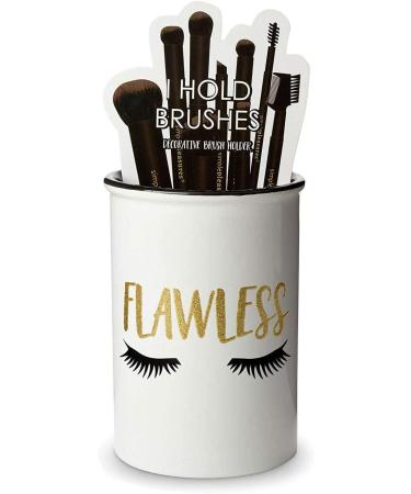 Ceramic Makeup Brush Holder Storage with Cute Sayings, Cosmetic Organizer for Make Up Brushes and Accessories - Round White Cosmetics Cup for Bathroom Vanity Countertop (Flawless)