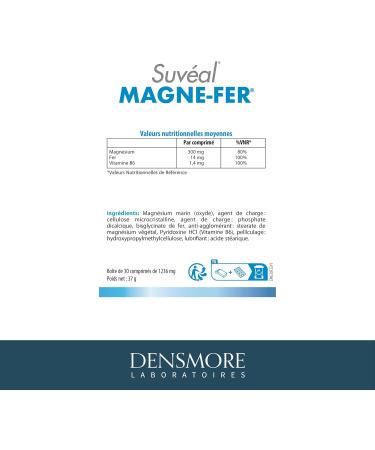 Densmore - Suv al Magne Fer - Food supplement to promote vitality and reduce fatigue - Magnesium Iron Vitamin B6-30 tablets - 1 month cure - Made in Europe - Buy Online on GoSupps.com