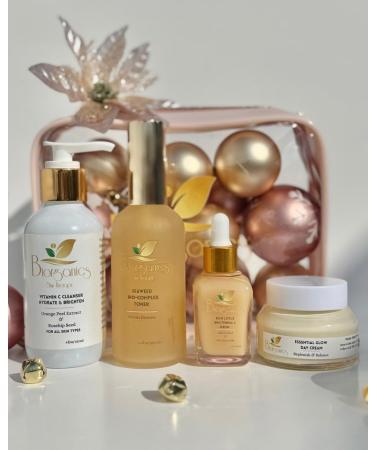 Biorganics Skin Therapy Morning Radiance Set Face Care Kit with Vitamin C Cleanser Seaweed Toner Blue Lotus Brightening Serum SPF 50 Sunscreen Headband for All Skin Types