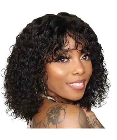 Acantam 150% Density Kinky Curly Wig with Bangs Grade 10A Virgin Human Hair Wig for Black Women Kinky Curly Human Hair Wig with Bangs Glueless None Lace Front Wig Natural Black Color(16 Inch) 16 Inch (Pack of 1) curly hu...