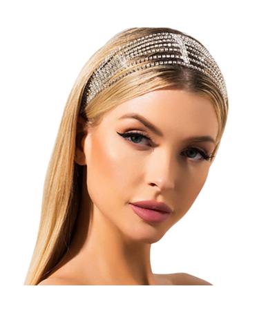 deladola Rhinestone Headband Crystal Jewelry Silver Sparkly Elastic Headpiece Head Chain Wedding Hair Accessories for Women