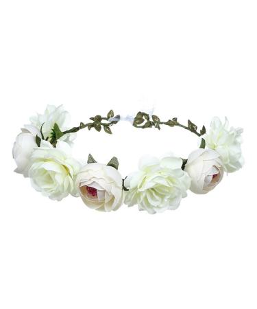 June Bloomy Women Rose Floral Crown Hair Wreath Leave Flower Headband with Adjustable Ribbon (White)