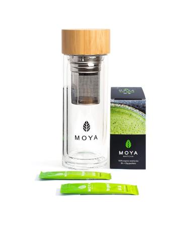 Organic Moya Matcha to Go! Set | 24 x 1.5g Matcha to Go Sticks + Glass Shaker 330ml | Set for The Preparation of hot&Cold Matcha | Ideal for Work While Traveling or at The Gym 24 x 1 5g Matcha To Go Sachets + Glass Shaker