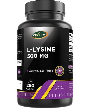 Oxify L-Lysine 500 mg | 250 Tablets | Gluten-Free Non-GMO | Supplement Made in USA