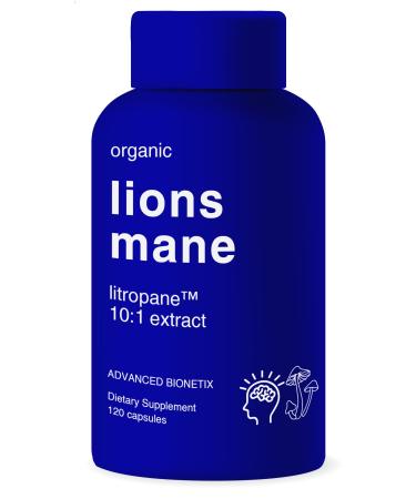 Advanced Bionetix Organic Lions Mane Supplement 120 Capsules. Brain Support Nootropic Immune System Support Mushroom Supplement. 10X Extract Similar to 18 000mg Contains Patent Pending Litropane