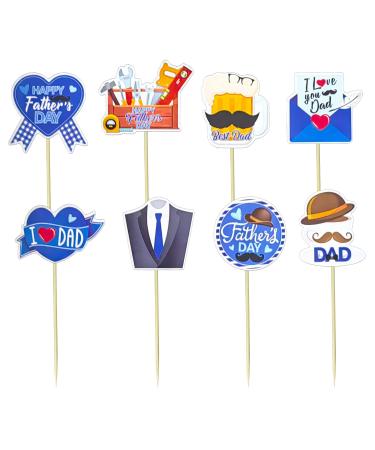 Happy Father's Day Cake Toppers 8Pcs Blue Fathers Day Cake Decoration Mustache Tie Dad Paper Cupcake Picks for Best Dad Father's Day Themed Party Favor Supplies A7FQJCP