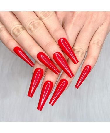 Artquee 24pcs Red Pure Color Ballerina Long Coffin Glossy Fake Nails Press on Nail False Tips Manicure for Women and Girls CB-12