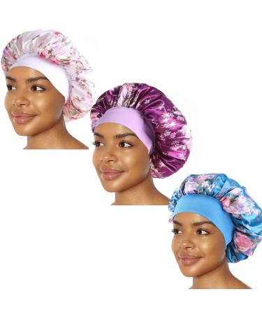 COOLCHI 3 Pack Large Long Satin Silk Bonnet Sleep Cap Hat Soft Elastic Band Night Sleeping Head Cover for Women Girls, Long Braids Curly Natural Hair (blue & white & purple)