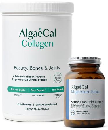 AlgaeCal Magnesium Relax - Chelated Magnesium with Ashwagandha for Sleep & Stress and AlgaeCal Collagen: 4 Clinically-Supported Peptides VERISOL FORTIGEL UC-II FORTIBONE