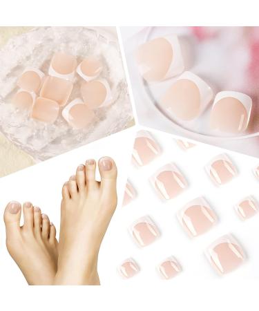 24pcs French False Toenails Tips Stick on Toenails Natural Press on Toenails Nude Short Fake Toe Nails for Women Toenail Decorations (White) - Buy Online on GoSupps.com