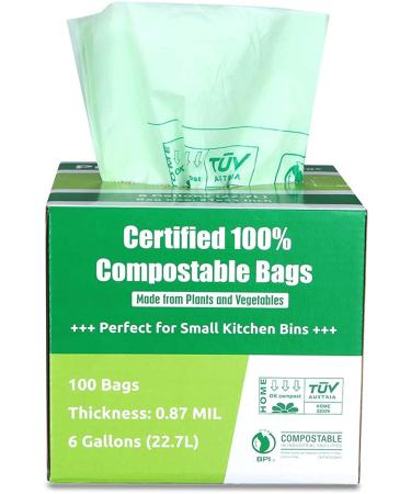 Primode 100% Compostable Bags, 6 Gallon Food Scraps Yard Waste Bags, 100 Count, Extra Thick 0.87 Mil. ASTMD6400 Compost Bags Small Kitchen Trash Bags, Certified by BPI and TUV,
