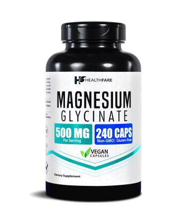 HealthFare Magnesium Glycinate 500mg | 240 Veg Capsules | High-Absorption Chelated Magnesium | Gluten-Free | Non-GMO | Made in The USA