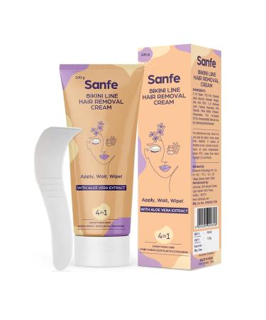 Sanfe Bikini Line Hair Removal Cream with Spatula and Intimate Wipes - 100g - Natural and Safe for sensitive skin - Lavender Aloe Vera Shea Butter
