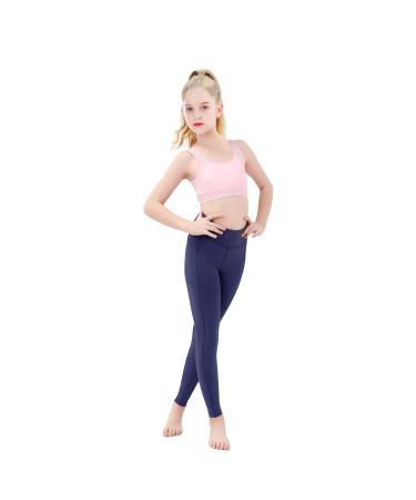 JIM LEAGUE Girls Athletic Dance Leggings - Kids Yoga Compression Pants Teen Running Workout Sport Tights Leggins with Pockets Navy Medium
