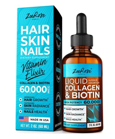 Liquid Collagen & Biotin Drops 60,000mcg - Made in USA - Natural Biotin and Collagen Supplements for Skin, Nails, Joints Health & Fast Hair Growth - Liquid Biotin 10,000mcg, Collagen Liquid 50,000mcg