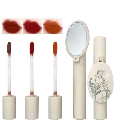 3-part matt liquid lipstick-up set dark red matt lipstick long-lasting waterproof lip gloss with mirror velvety-pigmented lip stain set for girls and women