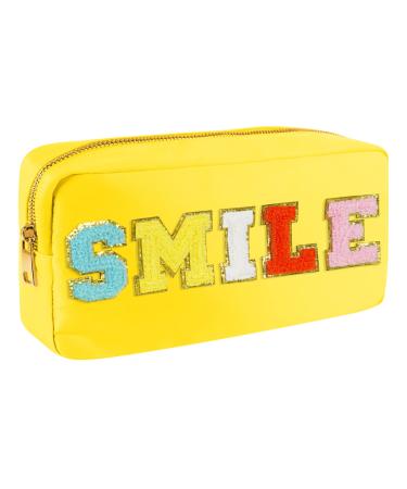 Nylon Waterproof Preppy Makeup Bag-Women Chenille Letter Portable Travel Organizer Pouches for Toiletries and Cosmetics Storage Bag with Patches (Yellow-Smile)