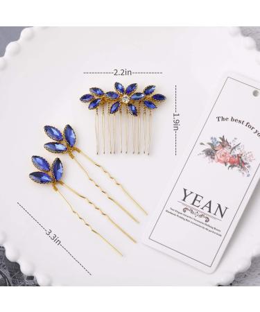 Baroque Bridal Hair Pins Set - Silver Rhinestone Wedding Hair Comb with Something Blue Accent - 3 Pcs - Gold - Buy Online on GoSupps.com