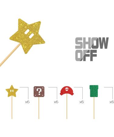 MonMon & Craft Mario Cupcake Toppers - Girls Boys Children Birthday Cupcake Toppers - Video Game Dessert Decor - Baby Shower Birthday Party Decorations Glitter - 24 Pcs - Buy Online on GoSupps.com