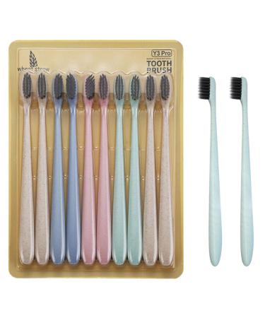 TeenFighter 10Pcs Family Pack Eco-Friendly Small Head Wheat Straw Toothbrush Bamboo Charcoal Soft Bristles Toothbrush for Kids and Adults Toothbrushes for Sensitive Gums and Teeth Travel Carry Multicolor