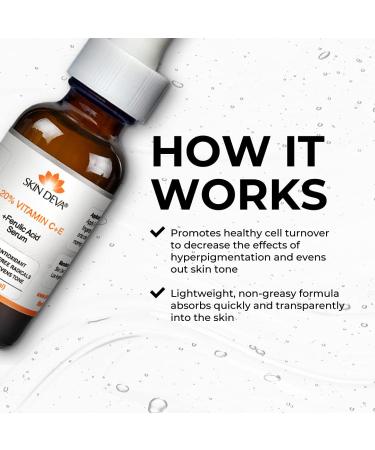 Skin Deva 20% Vitamin C Serum for Face with Vitamin E and Ferulic Acid - 1fl oz - Brightens, Rejuvenates, and Neutralizes Free Radicals - Buy Online on GoSupps.com