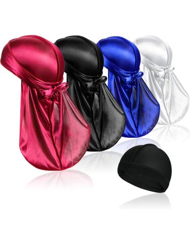4 Pieces Silky Durag Caps Headwraps with Long Tail and 1 Piece Silk Wave Cap Wide Elastic Band for Men HY-1
