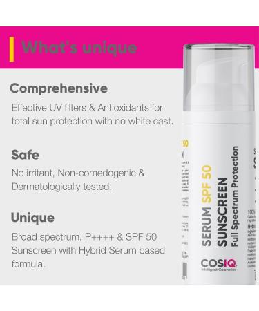 C0S-lQ Outdoor Sunscreen Serum SPF 50 PA++++ Broad Spectrum UVA UVB and IR Protection Zero White Cast Ultra Light Weight Skin Safe Dewy Finish (30 ml (Pack of 1) White) - Buy Online on GoSupps.com