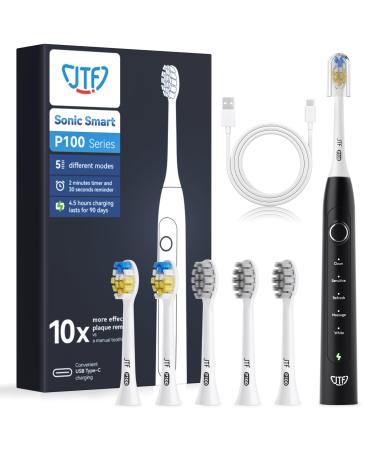 JTF electrical toothbrush for adults sound toothbrush with rechargeable performance ultrasound toothbrush electrically with 6 toothbrush heads and 5 modes P100 black