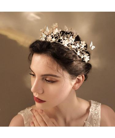 Bridal Butterfly Flower Tiara Crown | Rhinestone Pearl Headpiece for Women and Girls - Perfect for Wedding, Birthday Party | Gold Fairy Crown Hair Accessories - Buy Online on GoSupps.com