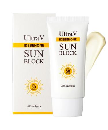 UltraV Idebenone Sun Block SPF50+ PA++++   UVA/UVB Mild Sunscreen Cream   Peptides  EGF  Rice  Camomile Extracts   Uneven Skin Tone   Non Greasy Silky Finish - 1.69 fl.oz