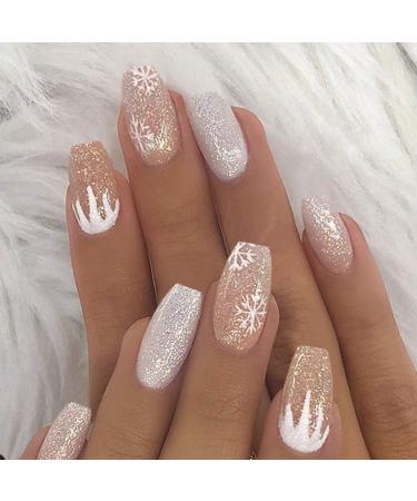 SINLOV Christmas Snowflake Fake Nails Long Sequin French Square False Nails Glossy Press on Nails Ballerina Acrylic Full Cover Fake Nail for Women and Girls