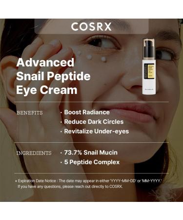 COSRX Advanced Snail Peptide Eye Cream with 73.7% Snail Mucin + 2% Niacinamide 0.85 fl.oz / 25ml | Brightening Night Cream for Fine Lines & Dark Circles Korean Skin Care Not Tested on Animals - Buy Online on GoSupps.com