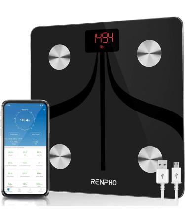 RENPHO Body Fat Scale Weight Bathroom Smart Digital Bluetooth Scale USB Rechargeable with Smartphone App , Body Composition Monitor for Body Fat, BMI, Bone Mass, Weight, 396 lbs Black 11 inches