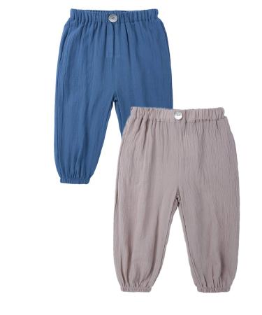 AYIYO Baby Linen Pants Kids Girls Boys Elastic Waist Loose Long Harem Bloomers 2Pcs Set 9-12 Months Blue+khaki