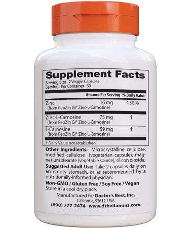 Buy Doctor's Best PepZin GI Zinc-L-Carnosine Complex - 120 Veggie Caps | Digestive Health Support - Buy Online on GoSupps.com