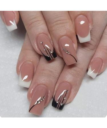 French Tip Press on Nails - Medium Square Press On Nails with Nail Tips Black and white French fake nail glitter diamond Design press on nails Acrylic False Nails Cute Artificial Nails